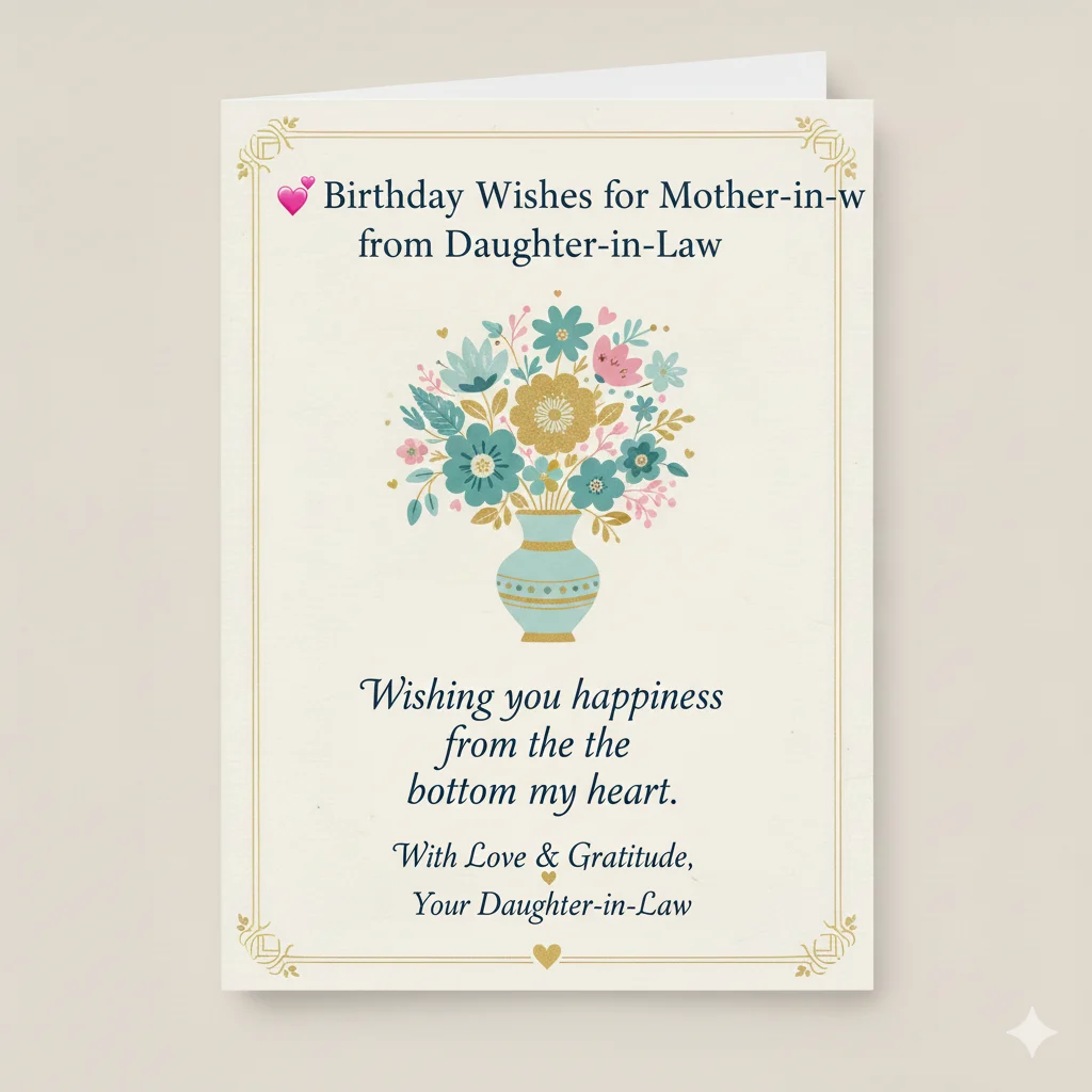 Heartfelt Birthday Wishes for Mother-in-Law That Truly Touch the Heart
Introduction

Finding the perfect birthday wishes for mother-in-law can feel tricky. She’s not just family by relation — she’s someone who deserves respect, warmth, and genuine love. Whether she’s caring, wise, humorous, or elegant, her birthday is the perfect chance to make her feel deeply appreciated. In this article, you’ll discover heartfelt, short, funny, emotional, and beautiful birthday messages crafted with care and sincerity. These wishes are ideal for WhatsApp, Instagram captions, Facebook posts, or handwritten greeting cards. No matter your relationship — formal or close — you’ll find meaningful words here that strengthen bonds and spread joy on her special day.

🎂 Heartfelt Birthday Wishes for Mother-in-Law

Happy birthday to a wonderful mother-in-law who fills our family with love and grace.

Wishing you a birthday as warm and kind as your heart.

Your wisdom and care mean more to me than words can say — happy birthday.

May your special day bring you peace, happiness, and endless smiles.

Happy birthday to the woman who raised such an amazing child and welcomed me with love.

You are a true blessing to our family — wishing you a joyful birthday.

May this year reward you with good health and beautiful moments.

Happy birthday to a mother-in-law who feels like a second mom.

Your love and support make our lives brighter every day.

Sending heartfelt prayers and warm wishes on your birthday.

May your heart always stay as generous as it is today.

Happy birthday to a woman who deserves all the happiness in the world.

🌸 Short & Sweet Birthday Wishes for Mother-in-Law

Happy birthday! Wishing you love and laughter always.

Many happy returns of the day — stay blessed.

Warm wishes on your special day.

Happy birthday to a truly lovely woman.

Sending smiles and sunshine your way today.

Best wishes for a joyful year ahead.

Happy birthday with love and respect.

Wishing you health, peace, and happiness.

A beautiful birthday for a beautiful soul.

Cheers to another wonderful year of life.

Short birthday messages are increasingly popular — studies show over 60% of people now prefer brief, meaningful greetings for social media.

💖 Emotional Birthday Wishes for Mother-in-Law

Happy birthday to a woman whose kindness has touched my life deeply.

Your love feels genuine, pure, and comforting — thank you for everything.

I’m grateful every day to have you as my mother-in-law.

May your birthday remind you how loved and appreciated you truly are.

Your guidance has made me a better person — happy birthday.

Thank you for welcoming me into your family with open arms.

Wishing you a birthday filled with love that returns to you tenfold.

Your presence brings peace and warmth into our home.

Happy birthday to someone who means more to me than you know.

May your heart always feel the love you give to others.

Your blessings are the greatest gift of all.

Sending emotional birthday wishes full of gratitude and love.

😄 Funny Birthday Wishes for Mother-in-Law

Happy birthday! Don’t worry — age is just a number… a really big one sometimes 😉

Another year older, another year more fabulous!

Happy birthday to the coolest mother-in-law ever.

You age like fine wine — getting better every year.

Birthday calories don’t count, especially today!

Happy birthday! Thanks for not being the “scary” mother-in-law.

You’re proof that mothers-in-law can be amazing.

Smile — it’s your birthday and you deserve cake!

Another year wiser… or at least more experienced 😄

Happy birthday! Let’s celebrate like we’re young again.

🌹 Religious & Blessing Birthday Wishes for Mother-in-Law

May God bless you with health, peace, and happiness always.

Happy birthday — may your faith continue to guide your beautiful heart.

Sending prayers for a joyful and blessed year ahead.

May God’s grace surround you today and always.

Wishing you a birthday filled with divine love and comfort.

May every step you take be guided by faith.

Happy birthday — you are truly blessed and cherished.

May your life be filled with God’s endless mercy.

Sending heartfelt prayers on your special day.

May your kindness return to you through God’s blessings.

🌍 Beautiful Birthday Wishes (Cultural Insight)

Across cultures, birthdays are moments of gratitude and respect. In many Asian and Middle Eastern families, honoring elders with kind words is considered a sign of good character.

Happy birthday to a woman who carries tradition with grace.

Your values and wisdom enrich our family.

Wishing you a birthday filled with respect and love.

Your role in our family is truly priceless.

Happy birthday — your presence makes our home complete.

May your days be filled with peace and dignity.

Celebrating you and the love you share with us all.

Happy birthday to a mother-in-law admired by everyone.

Your life is an inspiration to our family.

Sending beautiful greetings on your special day.

💐 Birthday Wishes for Mother-in-Law from Daughter-in-Law

Happy birthday to a mother-in-law who feels like my own mother.

Your kindness has made my journey as a daughter-in-law truly special.

Thank you for loving me like your own child.

Wishing you happiness from the bottom of my heart.

I’m blessed to be part of your family — happy birthday.

Your support means everything to me.

Happy birthday to a woman I deeply respect and admire.

May your life always be full of smiles and peace.

Thank you for accepting me with love and grace.

Sending warm wishes from one grateful daughter-in-law.

💌 Birthday Wishes for Mother-in-Law from Son-in-Law

Happy birthday to a mother-in-law who treats me like her own son.

Your kindness and wisdom inspire me every day.

Thank you for raising such an incredible daughter.

Wishing you health, happiness, and endless joy.

Happy birthday — I’m proud to call you family.

Your guidance means more than you know.

May your birthday be filled with laughter and love.

Sending heartfelt wishes on your special day.

You are truly respected and cherished.

Happy birthday to an amazing mother-in-law.

Conclusion

Choosing the right birthday wishes for mother-in-law is a beautiful way to show love, gratitude, and respect. Whether you prefer heartfelt, funny, short, or emotional messages, sincere words always leave a lasting impression. Birthdays aren’t just about age — they’re about appreciation and connection. Use these wishes to brighten her day, strengthen family bonds, and spread genuine happiness. A few kind words can turn her birthday into a cherished memory she’ll always remember.

🔍 Suggested Secondary Keywords

heartfelt birthday wishes for mother-in-law

emotional birthday messages for mother-in-law

short birthday wishes for mother-in-law

funny birthday wishes for mother-in-law

beautiful birthday greetings for mother-in-law

📌 SEO Meta Description

birthday wishes for mother in law